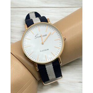 Geneva Platinum Watch Navy Blue and White Striped Nylon Strap Large Face